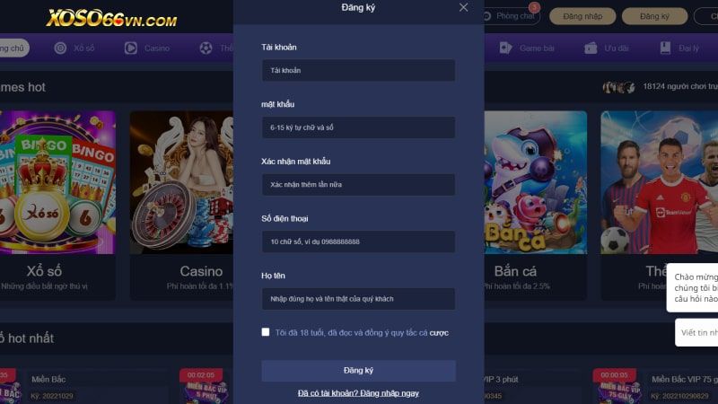 Form đăng ký thành viên chơi Xì dách Xoso66